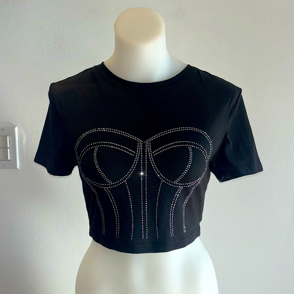 ROMWE Sparkling Rhinestone Black Embellished Crop Top